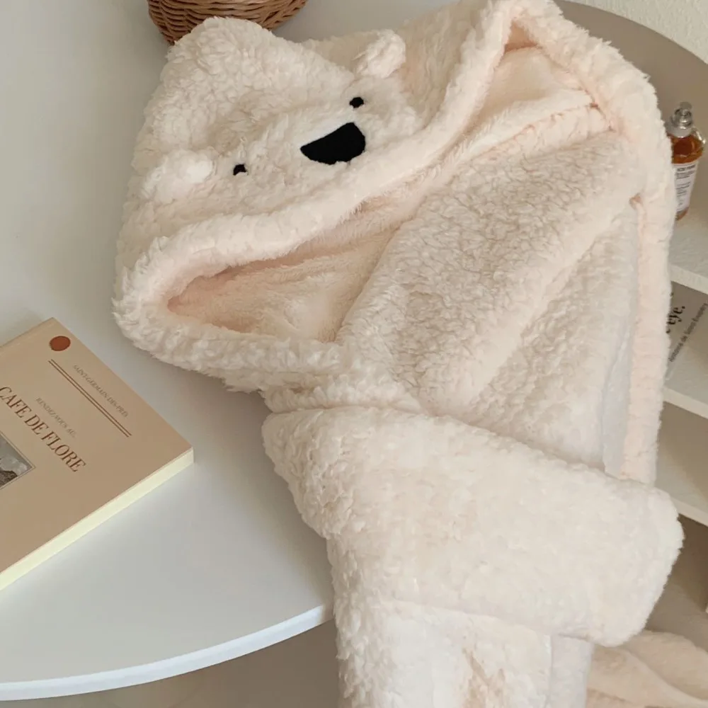 

Winter Kawaii Bear Hooded Blanket Soft Keep Warm Hooded Cloak Throw Blanket Fleece Material Wearable Blanket Office Use
