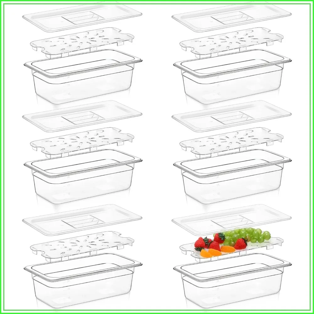 

6-Pack 1/3 Size Clear Polycarbonate Food Pans with Lids and Drain Shelf, 4 Inch Deep Square Storage Containers for Kitchen Restaurant