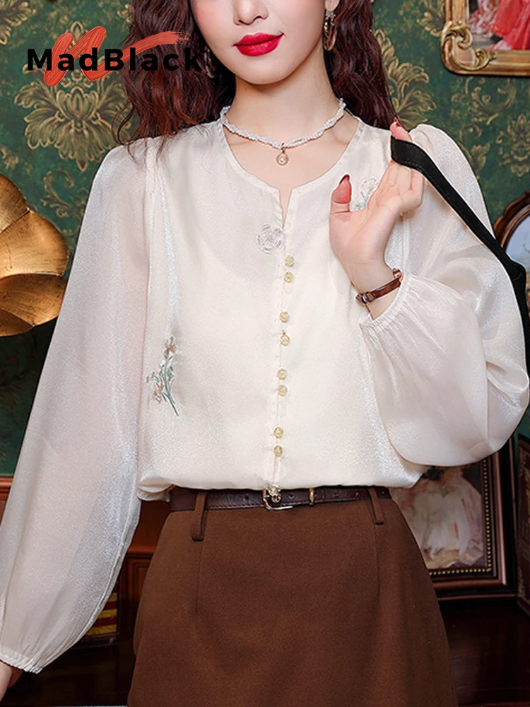 

MadBlack-Женская европейская рубашка, сексуальные пуговицы с круглым вырезом и вышивкой, винтажная свободная блузка с рукавами-фонариками S-2XL, весна 2026 T5D873CC
