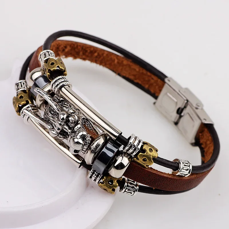 Kirykle New Fashion Women Leather Bracelet 2023 Tibetan silver men leather Bracelet Vintage dragon Leather Bracelet Jewelry gift