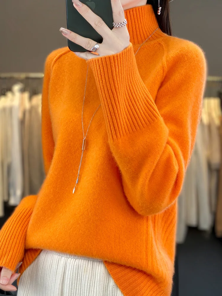 Autumn Winter Women's Turtleneck Sweater Pullovers 100% Merino Wool Knitted Raglan Sleeve Cashmere Korean Popular Clothes Tops