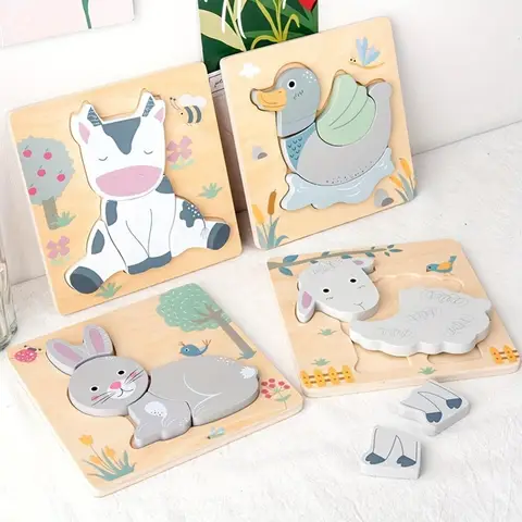3D 나무 만화 동물 어린이를위한인지 퍼즐 어린이 나무 퍼즐 장난감 색상 모양 아기 교육 장난감 게임