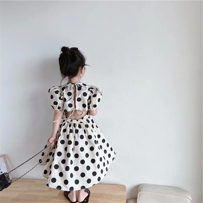 Korean Style Kids Frock Fashion Polka Dot Black and White Knee Length Dress Girls 2024 Elegant Princess Robe 100% Cotton Clothes