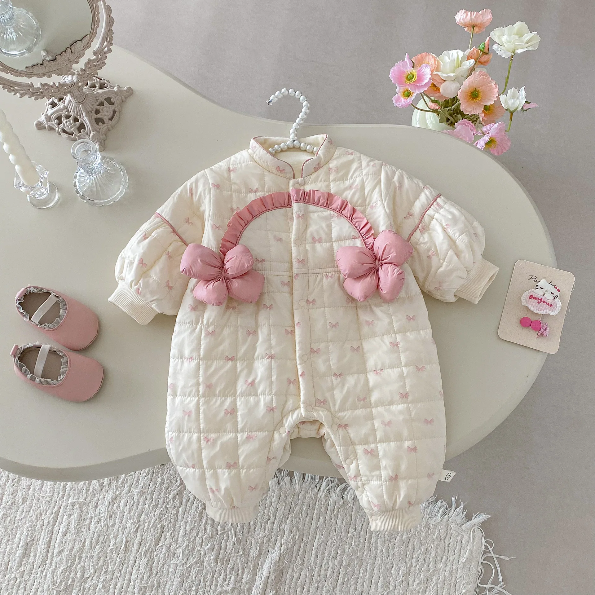 

Зимний комбинезон с флисовой подкладкой для маленьких девочек 0-2 лет, комбинезоны с милыми цветами, комбинезон с застежкой на кнопку для новорожденных