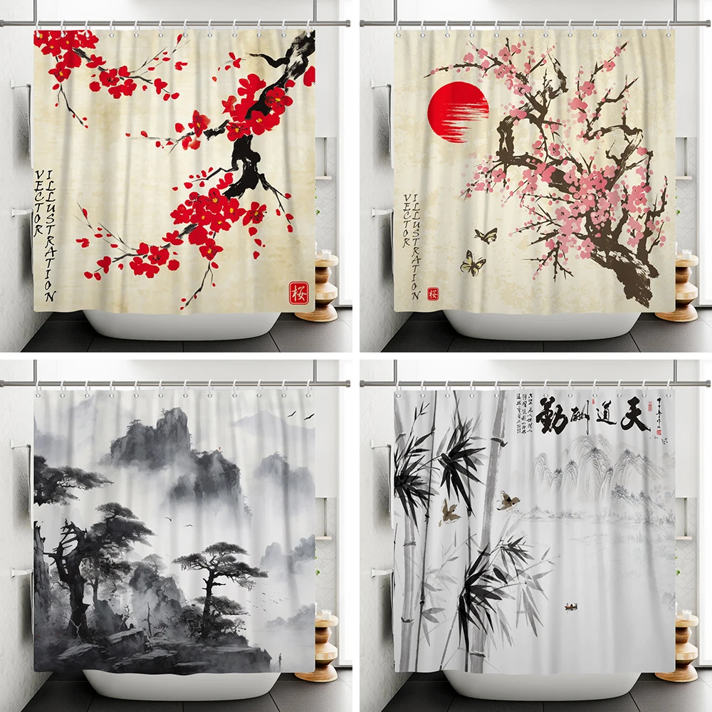 

Chinese Traditional Ink Shower Curtain Plum Blossom Waterproof Bathroom Partition Art Fashion Landscape Hanging Shower Curtain