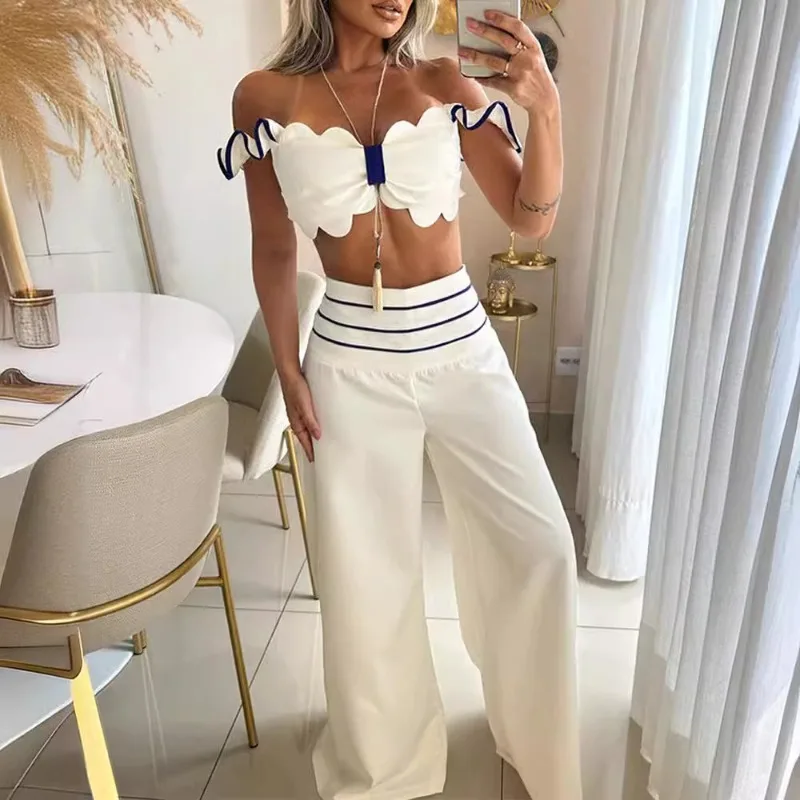 2024 Spring Summer New Women\'s off-the-Shoulder Short Sleeve Lace-Collared Blouse Wide Leg Pants Suit