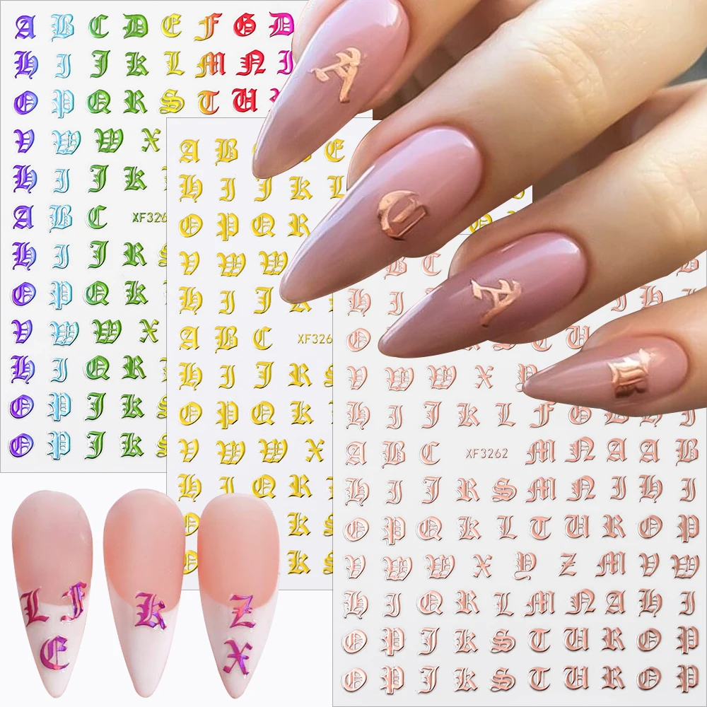 3D Old English Alphabet Number Nail Art Stickers Black Gold Silver Alphabet Letters Nail Decals Self-Adhesive Manicures Sliders
