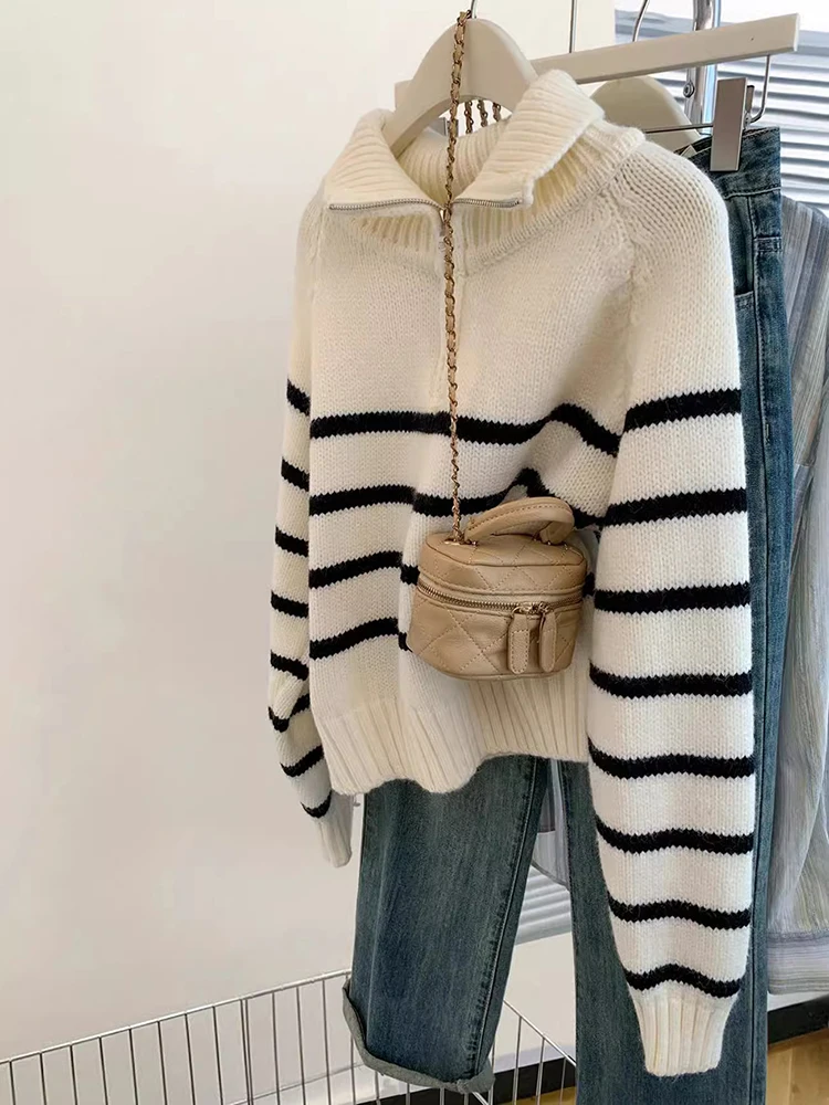 

Striped Knitted Sweater Women Autumn Winter Loose Warm Turtleneck Half Zipper Long Sleeve Pullovers Sweater Casual Top