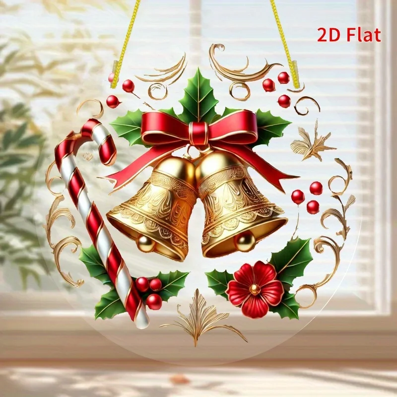 2D Flacher, 1-teiliger Rosa Weihnachtsglocken-Sonnenfänger - Buntglas-Stil Acryl-Fensterdekoration mit Glockenmotiv, 20x20cm Rund -Katze