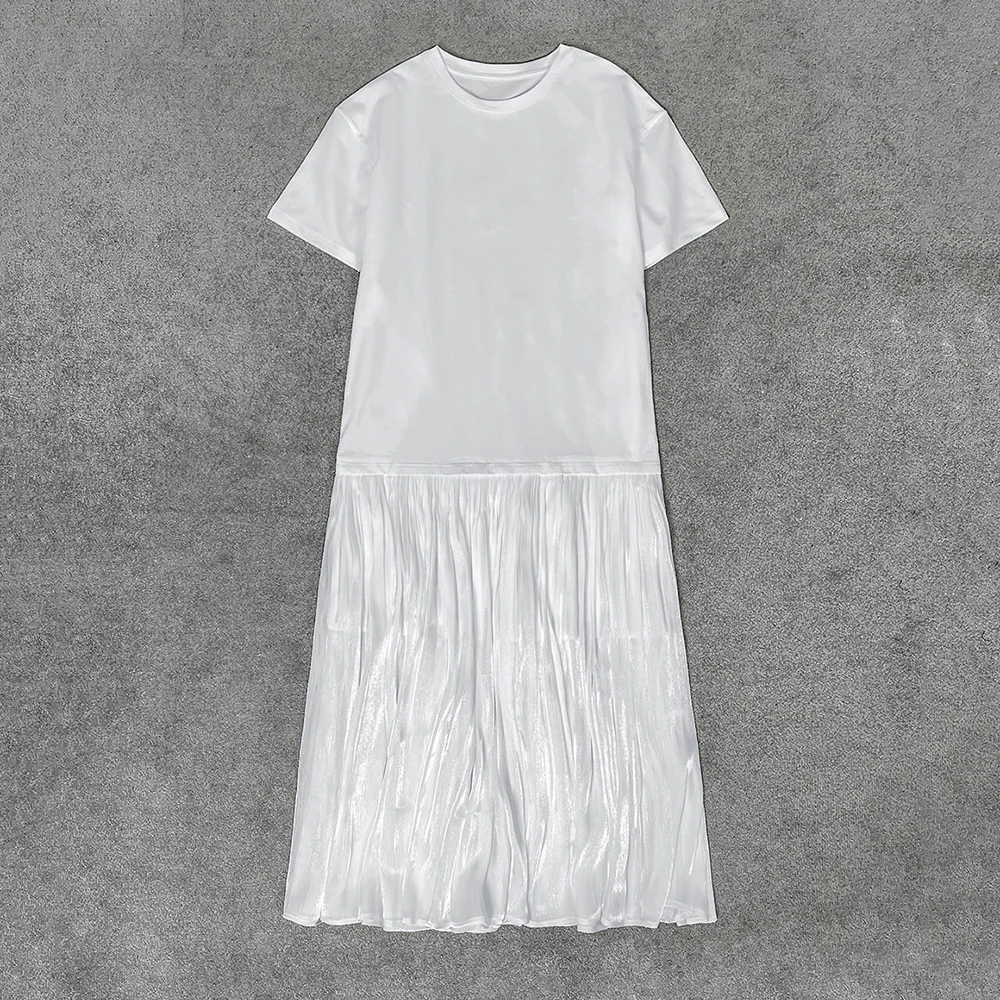 

Cotton Blend Women's Dress Y2k Fashion Splicing Simple Elegant Commuter Peplum Round Neck Short Sleeve Dress 2025 Summer New