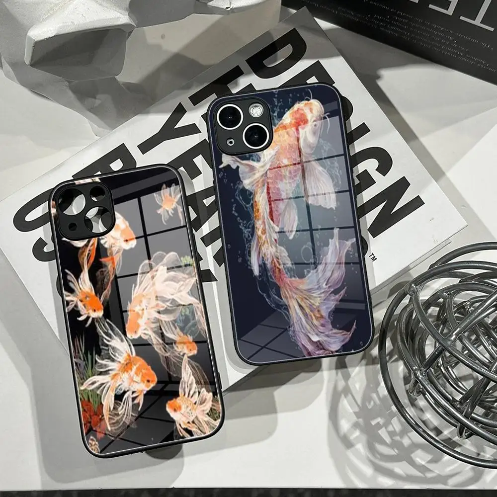 

High-Quality Luckly Koi Goldfish Beautiful Sparkle Black Glossy Glacial Texture Cover Case for iPhone 12 13 14 15 16 17 Pro Max