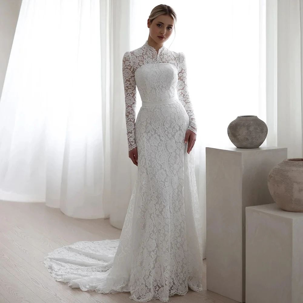 

Classic Mermaid Wedding Dress 2025 High Neck Long Sleeves Buttons Back Court Train Bride Gowns Robe De mariee Vestidos De Noiva