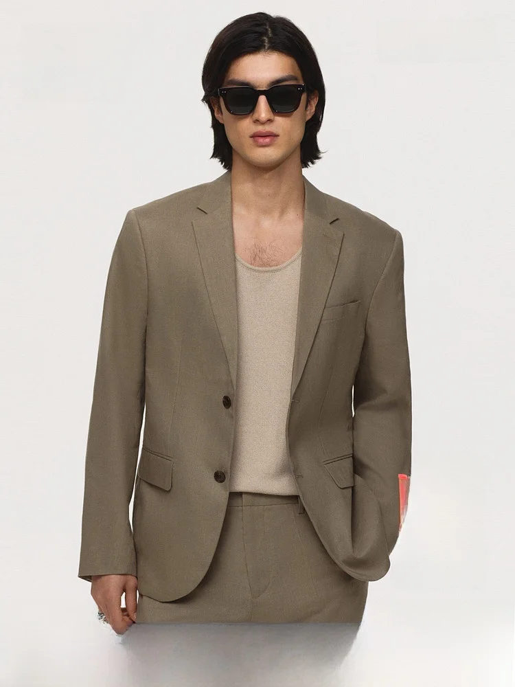 

H&M Men's Slim Fit Linen Suit Jacket 1258906 Summer New Style Casual Business Wear Long Sleeve Plain Front Buttoned