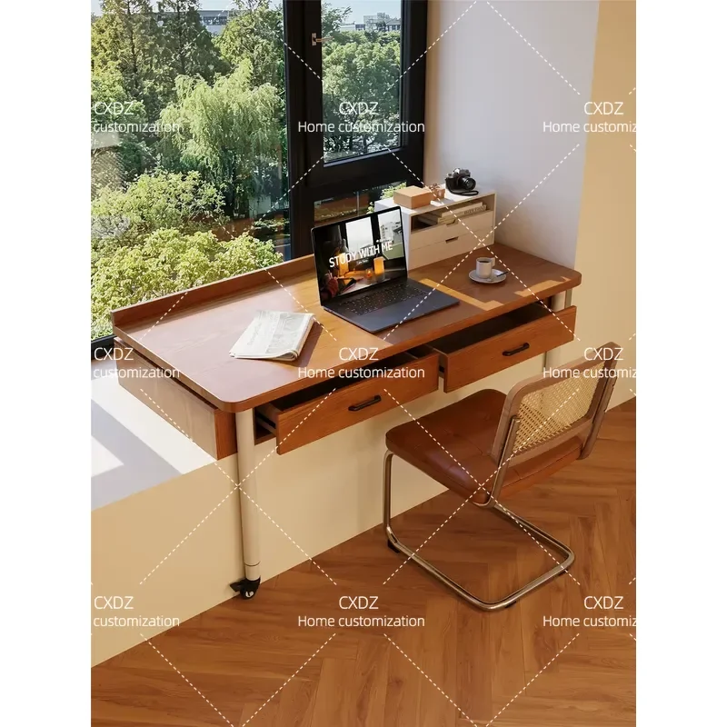 Solid Wood Bay Window Desk with Pulley Sliding Top Telescopic Design with Drawers for Bedroom Balcony Study Office Computer