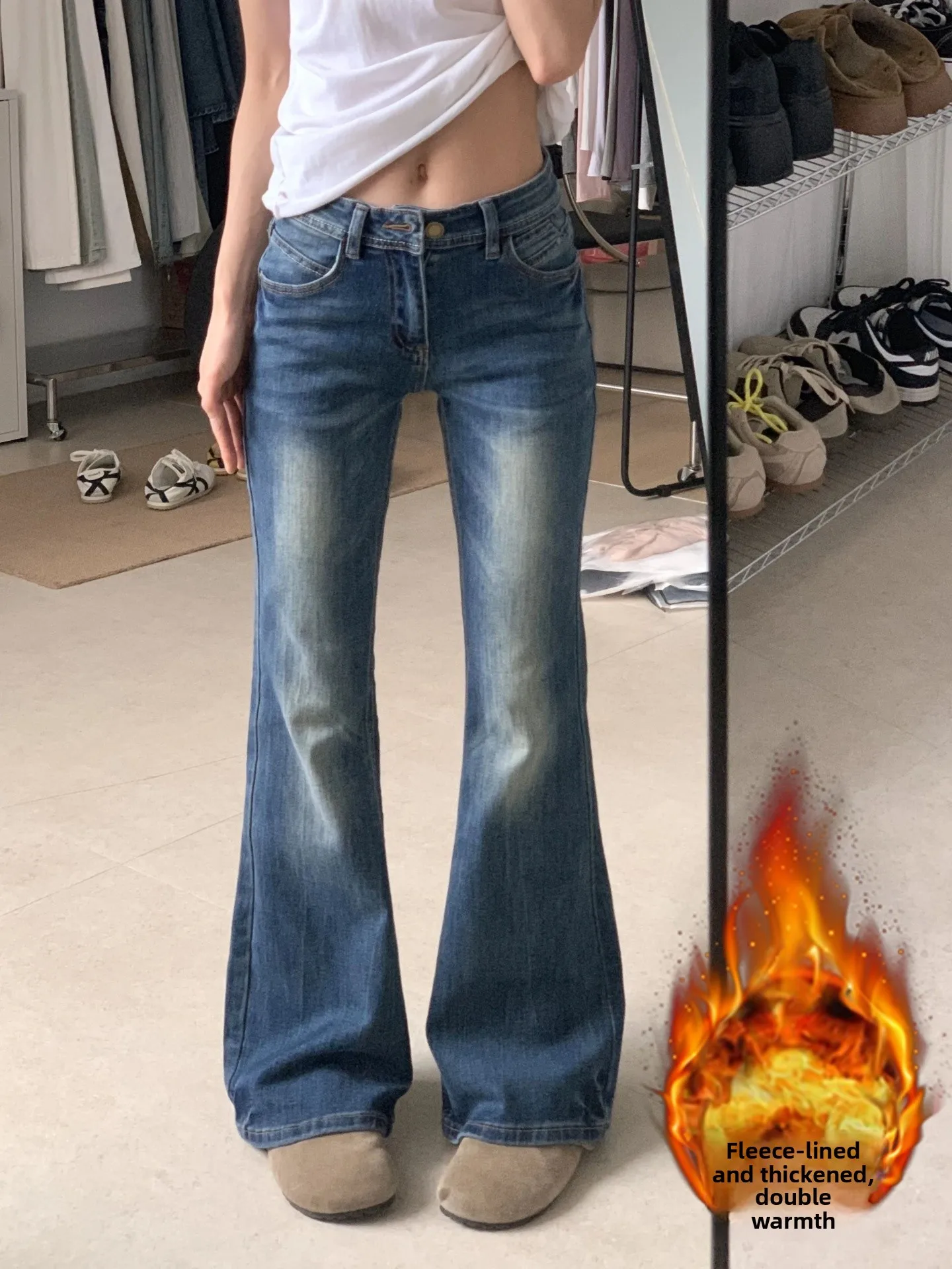 

plus Size Elastic Fce Lined Micro Flared Denim Jeans Women's High Waist Slim Straight Leg Hoof Pants Autumn Winter