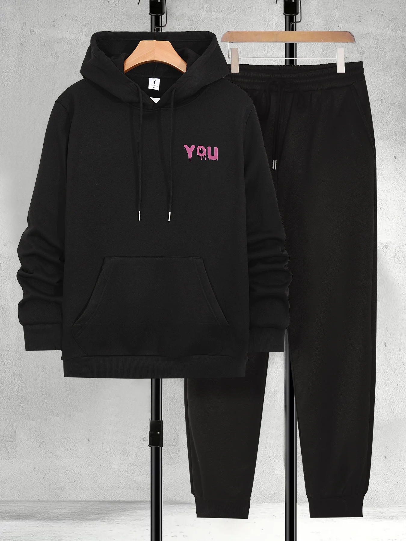 

Men's Plus Size Black & Pink "You" Drip Print Tracksuit Set 2 Piece Hoodie Sweatshirt & Jogger Pants Casual Outfit