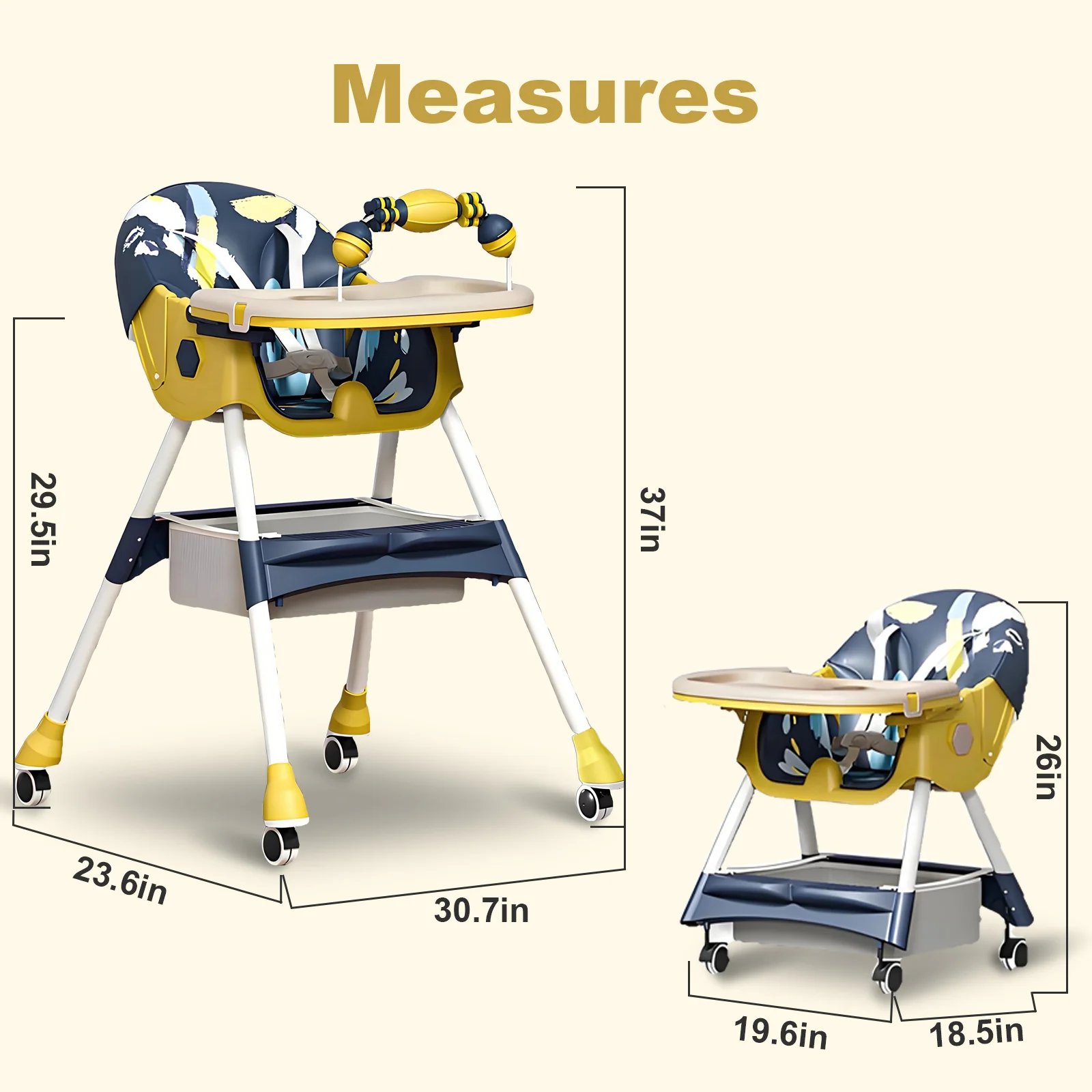 Foldable Baby High Chair with Double-Layer Dinner Plate and Toy Rack Eat & Play Convertible Dining Chairs For 6 Months Plus Baby