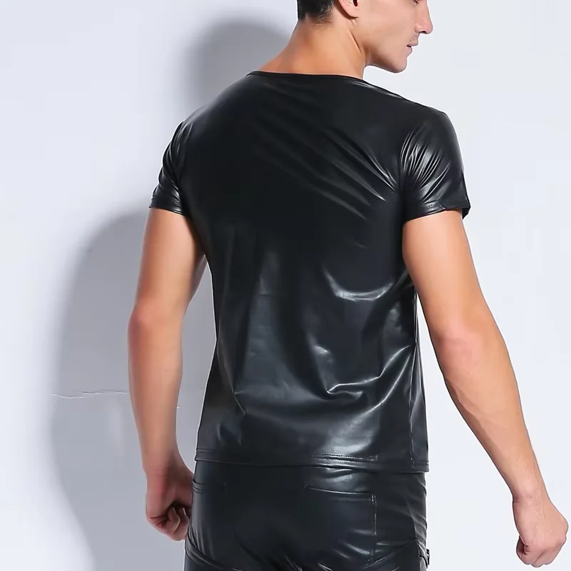 New Mens Sexy Faux Leather Black T-shirt Tops Rivet Bandage O-Neck Tops For Male Gay Wear T Shirts Men's Undershirts Tops