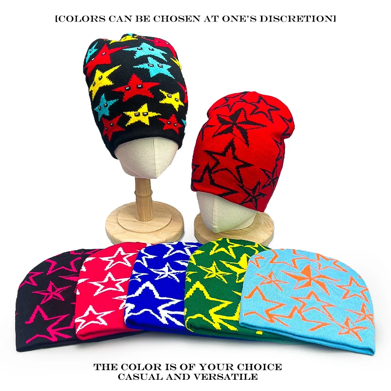 Warm Street Versatile Color Block Beanies Fashion Autumn and Winter New Unisex American Hip Hop Five-pointed Star Knitted Hats