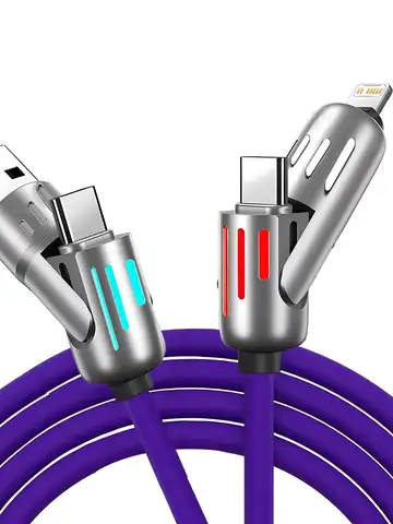 4-in-1 240W USB Type C Silicone Fast Charging Cable, For iPhone Huawei Samsung Xiaomi Durable Type-C To USB A Cable