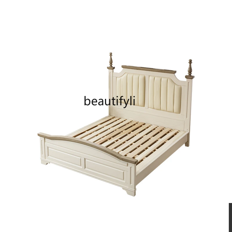 

American Double Bed Solid Wood 1.8 M 1.5 Roman Column Imitation Leather Soft Bag Queen Bed Two-Color Simple European Furniture