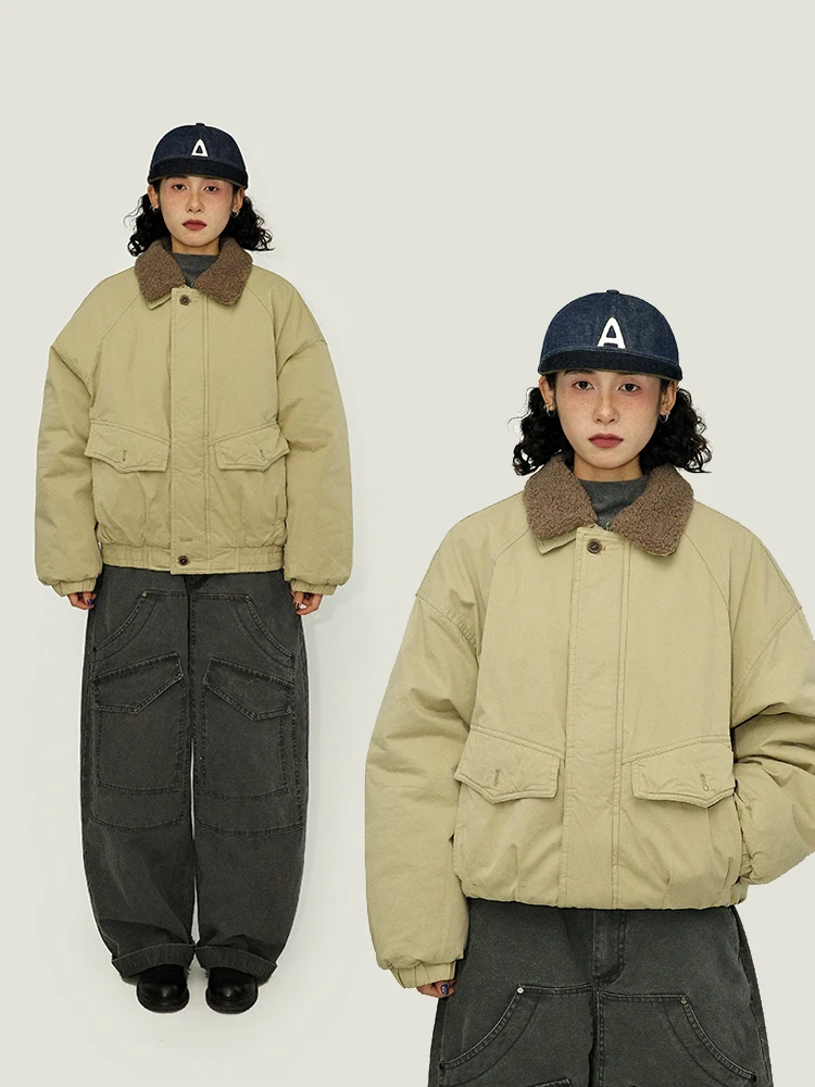 

Guluwo Winter Warm Short Cotton Jacket Loose Khaki Workwear Cotton Coat Small Fur Collar Retro Cotton Clothes Street Style