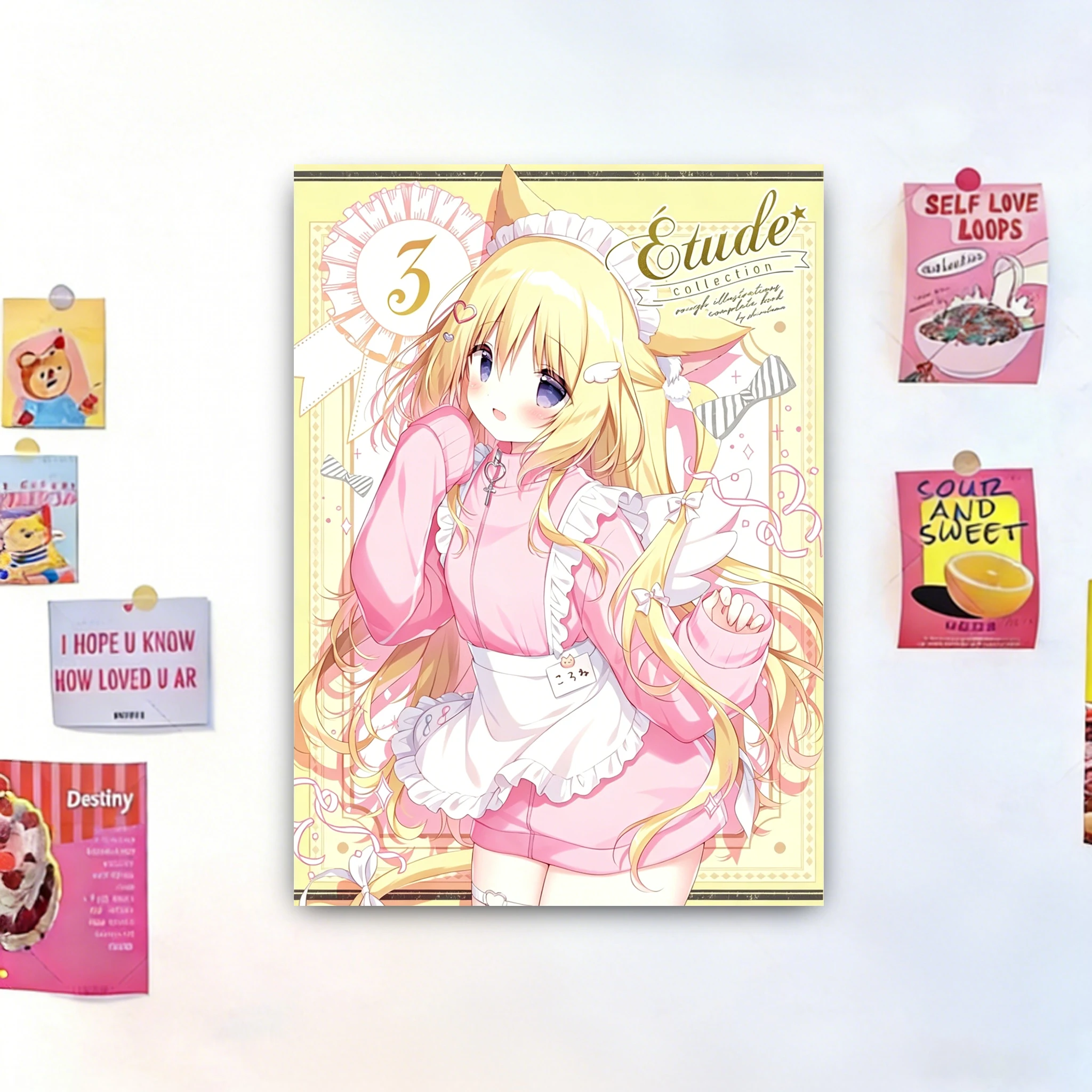 1pc Kawaii Neko Maid Blonde Girl Tapestry Étude Collection Anime Wall Hanging Pink Yellow Aesthetic Room Decor Background Cloth
