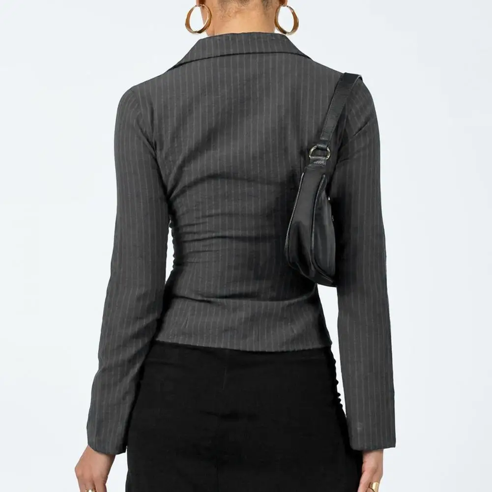 

Винтажные полосатые блузки Коричневые облегающие рубашки на пуговицах Офисные женские уличные топы с отложным воротником и расклешенными рукавами