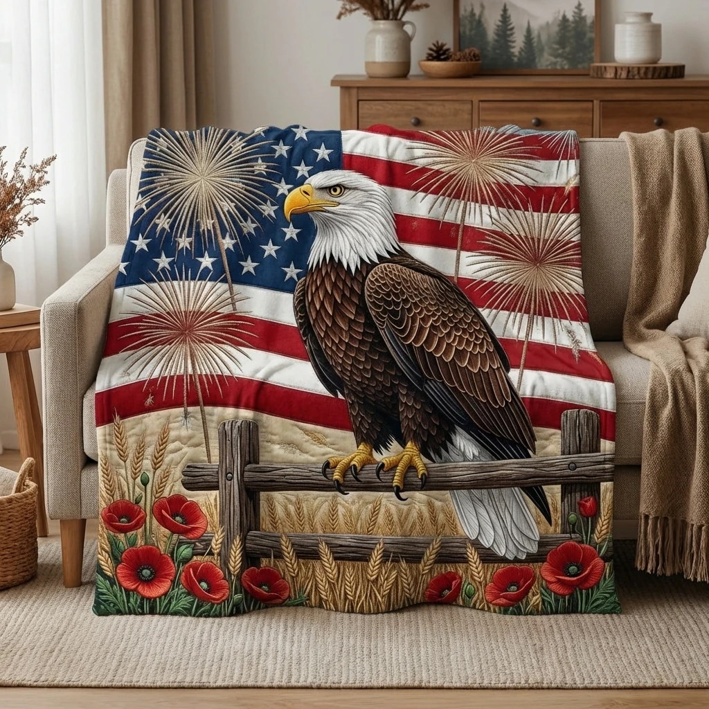 1PC Countryside American Flag Eagle with Wheat & Poppies Thick Flannel Blanket, Soft Warm Portable，Great Gift for Boys Girls