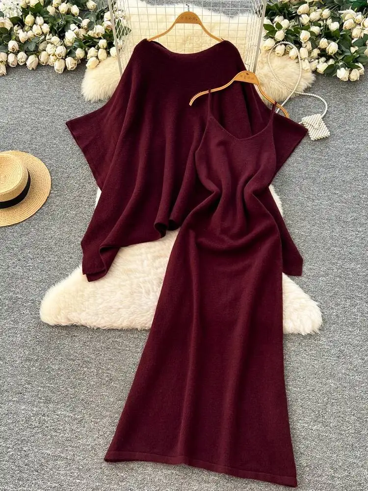 

Lazy Style Knitted Two Piece Set Women Loose Bat Sleeve Sweater Cover V-neck Spaghetti Strap Dress Outfits Vintage Suits