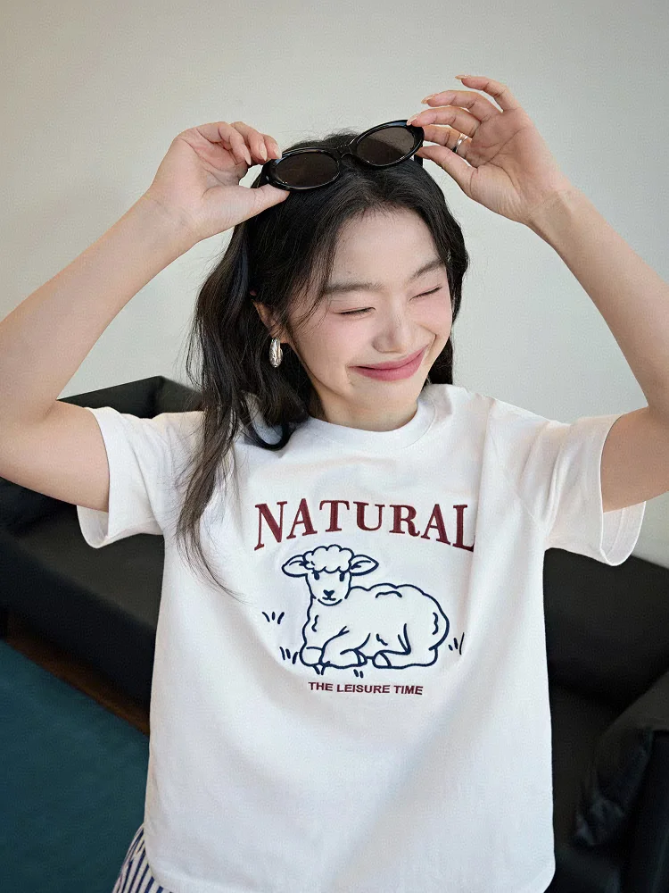 

Милая хлопковая футболка с 3D принтом eep Letter ort Sve, женская летняя новинка, чистый белый свободный крой, круглый топ Ne