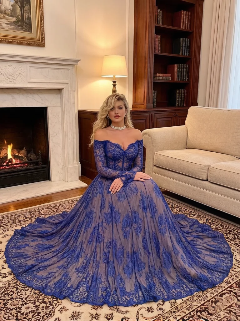 Customized Royal blue Lace Mermaid Evening Dress Sweetheart Off Shoulder Long Sleeves A-line Formal Cocktail Prom Party Vestidos