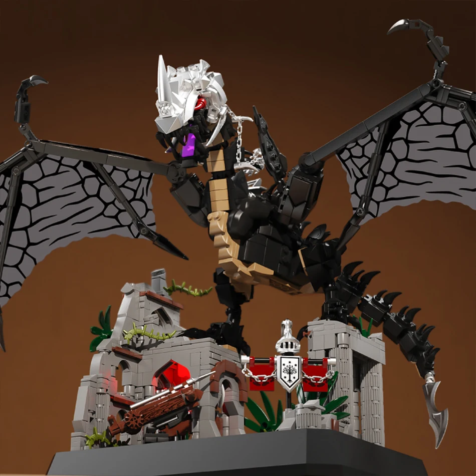 MOC Zły Smok Bestia Ruiny Zamku Scena Klocki Magiczne Pierścienie Zwierzęce Smok z Miękkimi Skrzydłami Cegły Zabawki Prezenty dla Dzieci i Dorosłych