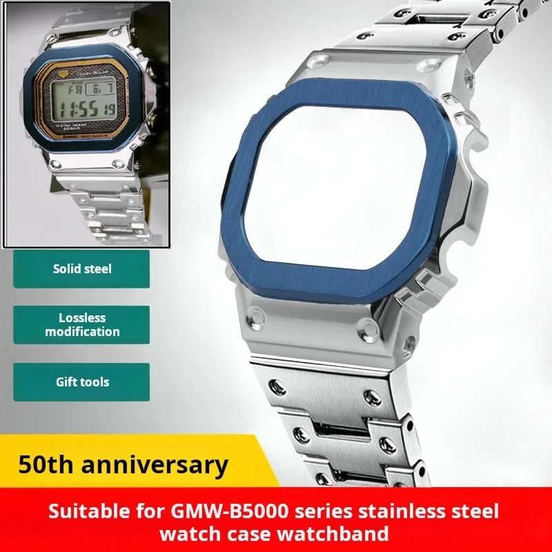 

Модифицированный синий корпус из нержавеющей стали Gmwb5000, для Casio Gshock Gmw-b5000, цепочка, однотонный металлический ремешок для часов, набор безелей, ремешок для часов, мужской комплект