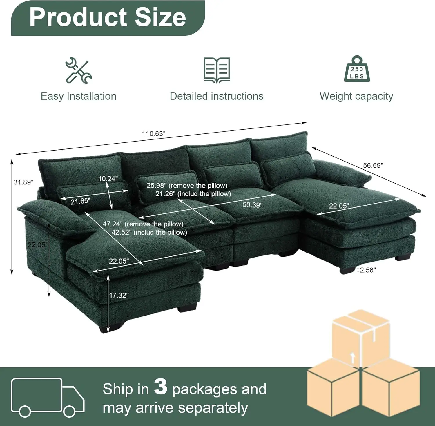 

Shaped Cloud Couch, 110" Chenille Comfy 4 Seat Sectional Couches for Living Room, Modular Sofa Sleeper with Double Chaise