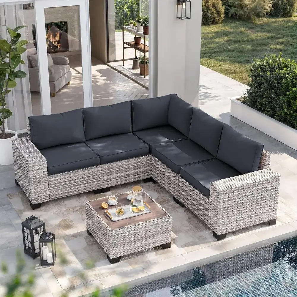 

6-Piece Outdoor Patio Wicker Sectional Sofa Set with Cushions and Coffee Table for Backyard, Poolside in Grey