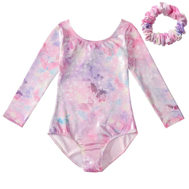 Girls Gymnastics Leotards Fashion Print Long Sleeve Ballet Dance Bodysuit With Hairband For 3-10 Years Old Dancewear