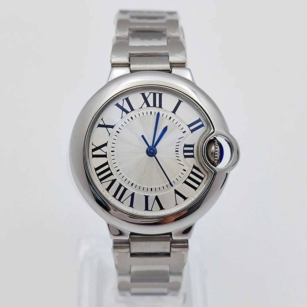 Orologio da donna da 33 mm, cassa curva convessa senza logo, quadrante romano, adatto per accessori per movimento automatico Cartier NH05 con palloncino blu