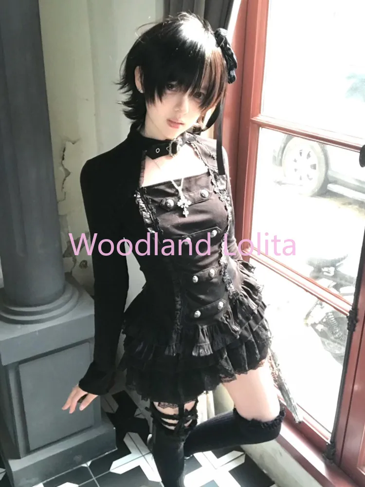 Jirai Kei Gothic Lolita Dark Sweet 2 Piece Set Women Long Sleeve Lace Ruffle Tiered Skirt Bowknot Cross Slim Fit Mini Dress Set image 6