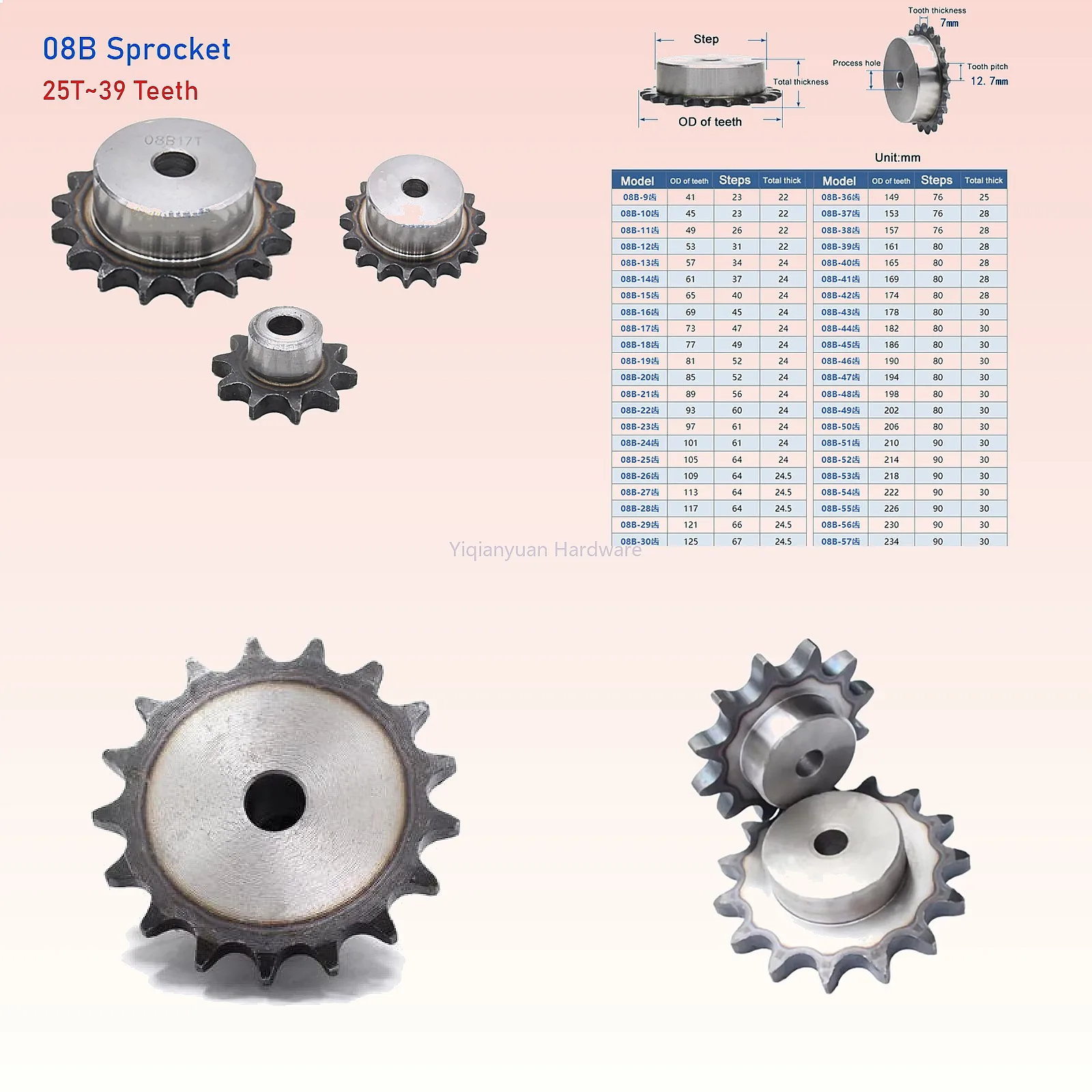 Yiqianyuan 1Piece 08B Chain Drive Sprocket 25T~39T Teeth 12.7mm Pitch 7mm Thickness A3 Steel Industrial Cam Sprocket