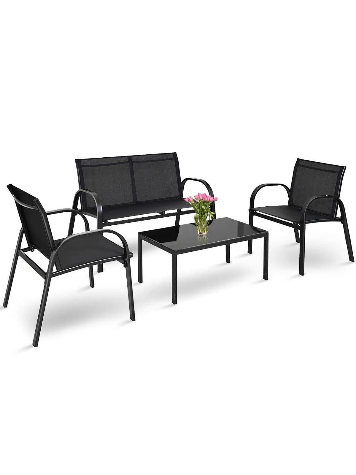 

4 PCS Patio Furniture Set Sofa Coffee Table Steel Frame Garden Outdoor Deck, outdoor furniture for balcony