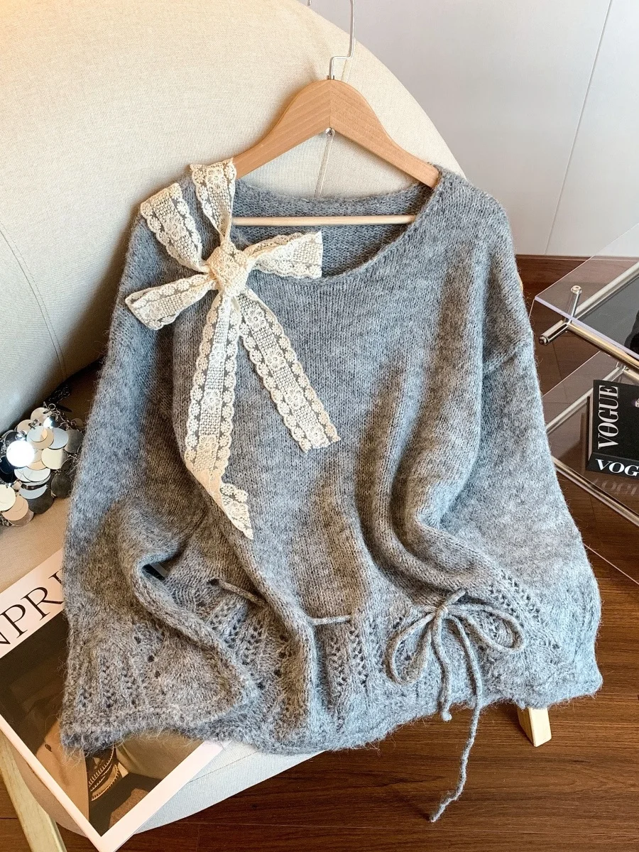 

Sweet Gentle Knot Sa Knitted Sweater Women's Loose Long Sve Top Autumn 2025 New Lazy Sle Faionable Clothing
