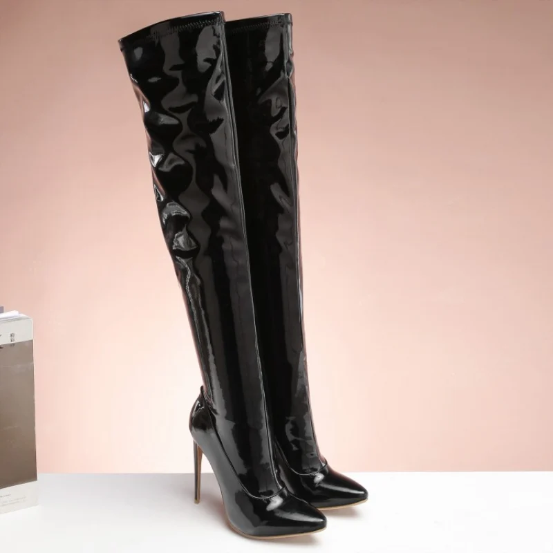 Elastic Thigh High Boots Women Red Thin Heels Over-the-knee Boot Sexy Zipper Nightclub Dance Ladies Long Latex Shoes Big Size 45