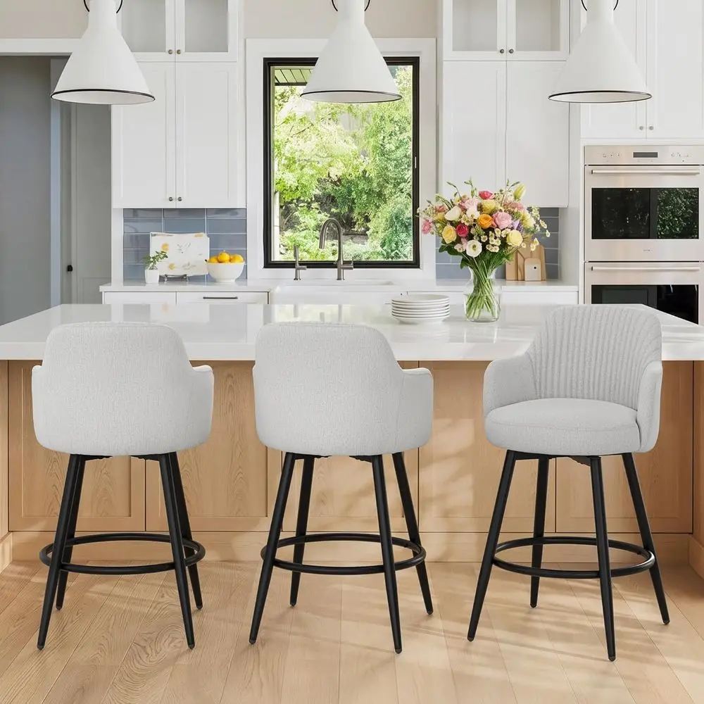 

Set of 3, 26 Light Gray Fabric Upholstered Counter Height Bar Stools with Enclosed Back and Spring Cushion