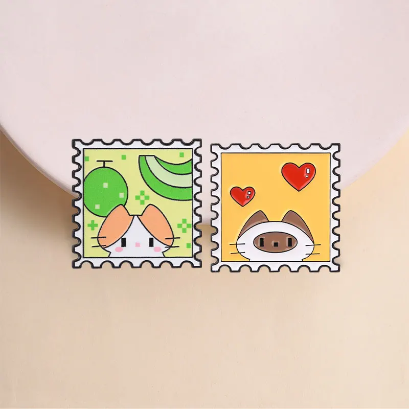 Retro Stamp Cat Enamel Pins Cartoon Red Heart Summer Fruit Kitty Brooches Kawaii Animal Badge Lapel Decor Fashion Jewelry Gifts