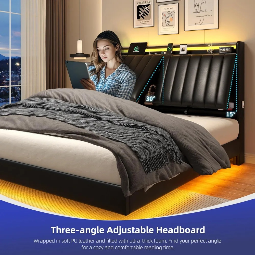 Estrutura de cama flutuante de tamanho completo com cabeceira de armazenamento oculto ergonômico e luzes LED, estrutura de cama LED flutuante visual com carregamento