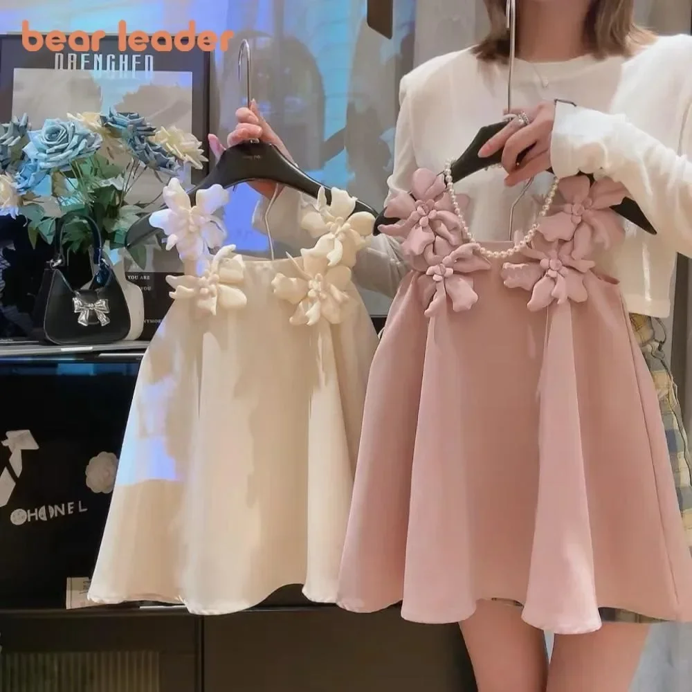 Flower Decoration Girls' Dress Korean Version Solid Color Princess Dresses Summer Daily Casual Children's Clothing 2-7 Years Old