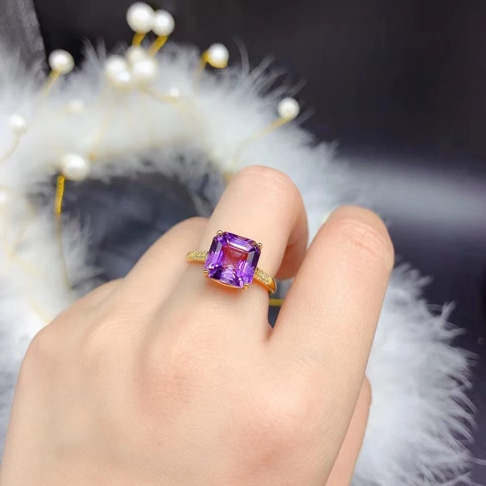 5ct 10mm VVS Grade Natural Amethyst Ring for Office Woman 925 Silver Amethyst Jewelry 3 Layers 18K Gold Plating No Fading