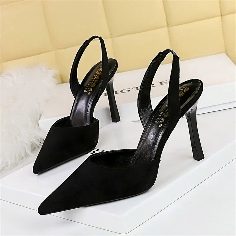 Women Fashion Simple Pointed Toe High-heeled Summer Sandals Party  Black Shallow Mouth Hollow Back Strap Office Slingback Shoes