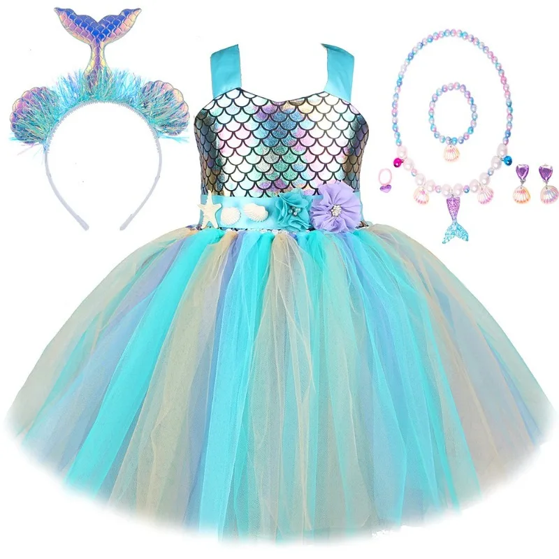 Halloween Girls Mermaid Tulle Dress,Kids Princess Costume with Accessories,Gorgeous Outfit for Children's Festival Performances